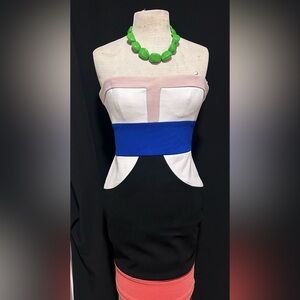 BCBGMaxAzria Strapless Dress in Blue, Black, and White